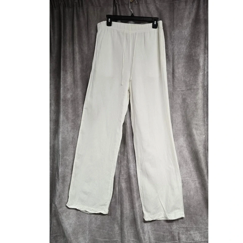 H&M Linen Blend Wide Leg Drawstring Pants Relaxed Trousers White Women's Sz M